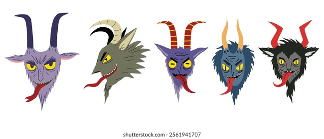 Krampus character set. Christmas cartoon Krampus Goat devil illustration. Stock hand drawn vector illustration isolated on white background.