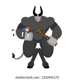 Krampus and children. Anti Santa Claus for bad kids. Scary horned monster. Merry christmas illustration vector
