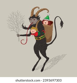 Krampus with children vector illustration