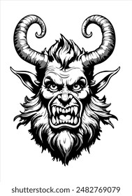 Krampus. Christmas character, antipode of Santa Claus. Folklore horned devil. Vector black and white isolated illustration.