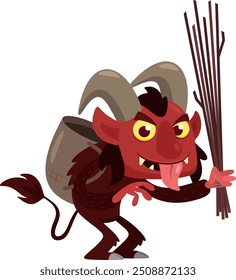 Krampus Ou Cartoon De Diabo De Natal Personagem Vestindo Mochila De Cesta Segurando Hastes Flutuando Punição. Design Plano De Ilustração De Vetor Isolado Em Plano De Fundo Transparente