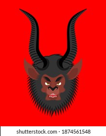 Krampus face Christmas devil. Evil demon. Punishes naughty children. Horned monster for new year and christmas