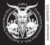 Krampus horned demon with two skulls and pentagram. Latin inscription translation - father of the temple of peace of all men