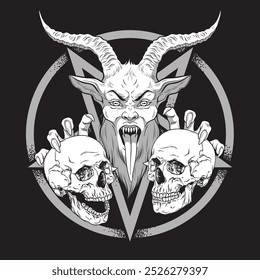 Krampus horned demon with two skulls and pentagram hand drawn black and white vector illustration