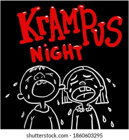 Krampus night. Scary Krampus coming soon.crying children on the eve of the arrival of the evil Krampus. Vector illustration. Hand drawn vector illustration. Can be used for fabric, wrapping paper