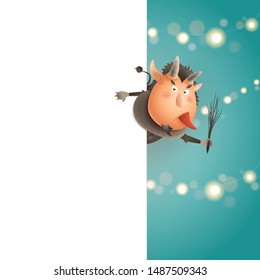 Krampus on right side of board - happy cute character celebrate holiday Krampusnacht - vector