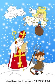 Krampus, Saint Nicholas and angel walking during the Christmas season. St. Nicholas gives gifts to good children. Devil, St.Nicholas and angel walking in winter. Angel have sack of gifts. Santa. Devil