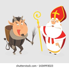 Krampus and Saint Nicholas - cartoon style isolated - vector illustration