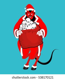 Krampus Satan Santa. Claus red demon with horns. Christmas monster for bad children and bullies. folklore evil. Devil with beard and mustache. skull bag for harmful kids. 