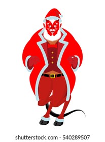 Krampus Satan Santa. Claus red demon with horns. Christmas monster for bad children and bullies. folklore evil. Devil with beard and mustache. 
