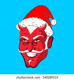 Krampus Satan Santa. Claus red demon with horns. Christmas monster for bad children and bullies. folklore evil. Devil with beard and mustache. 
