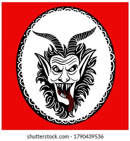 Krampus. Scary krampus. Horned devil. Realistic. Heck. Traditional Christmas devil. Little devil stealing a child.Hand drawn illustration for cards, posters, stickers and professional design. Austrian