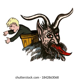 Krampus. Scary krampus. Horned devil. Realistic. Heck. Traditional Christmas devil. Little devil stealing a child.Hand drawn illustration for cards, posters, stickers and professional design. Austrian