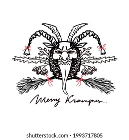 Krampus. Scary krampus. Horned devil. Realistic. Heck. Traditional Christmas devil. Little devil stealing a child.Hand drawn illustration for cards, posters, stickers and professional design. Austrian