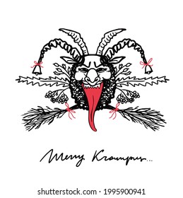 Krampus. Caramba. Diablo. Realista. Caramba. Diablo navideño tradicional. Demonios robando a un niño. Dibujo ilustrativo para tarjetas, afiches, pegatinas y diseño profesional. Austria