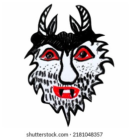 Krampus. Scary krampus. Horned devil. Realistic. Heck. Traditional Christmas devil. Little devil stealing a child.Hand drawn illustration for cards, posters, stickers and professional design. Austrian