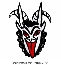 Krampus. Scary krampus. Horned devil. Realistic. Heck. Traditional Christmas devil. Little devil stealing a child.Hand drawn illustration for cards, posters, stickers and professional design. Austrian