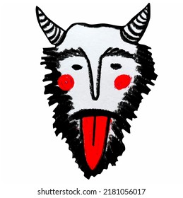 Krampus. Scary krampus. Horned devil. Realistic. Heck. Traditional Christmas devil. Little devil stealing a child.Hand drawn illustration for cards, posters, stickers and professional design. Austrian