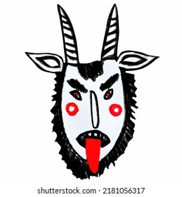 Krampus. Scary krampus. Horned devil. Realistic. Heck. Traditional Christmas devil. Little devil stealing a child.Hand drawn illustration for cards, posters, stickers and professional design. Austrian