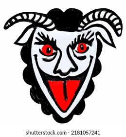 Krampus. Scary krampus. Horned devil. Realistic. Heck. Traditional Christmas devil. Little devil stealing a child.Hand drawn illustration for cards, posters, stickers and professional design. Austrian