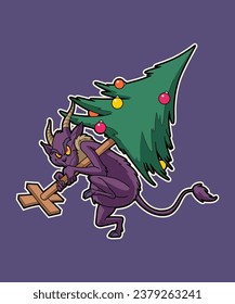 Krampus Stealing Christmas Tree. Christmas Cartoon Character Illustration.