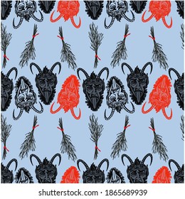 Krampus. Traditional christmas devil. Seamless background pattern. Vector illustration. For cards, posters, stickers and professional design