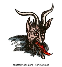 Krampus,heck. Scary krampus. Horned devil. Realistic. Heck. Traditional Christmas devil. Little devil stealing a child.Hand drawn illustration for cards, posters, stickers and professional design
