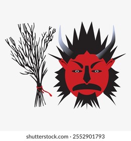 Krampusnacht vector, illustration. Rods flogging punishment. Austrian mythology. Birch branches. Bunches of birch rods.
