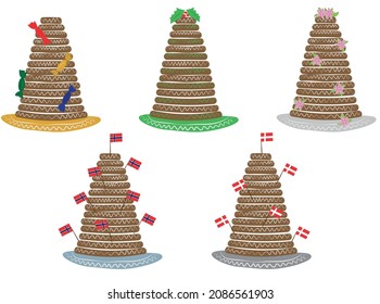 Kransekake Kransekage scandinavian christmas wedding ring cake vector set norway denmark