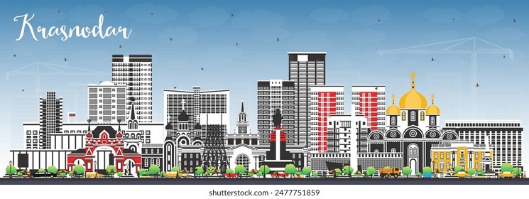 Krasnodar Rusia horizonte de la ciudad con edificios de color y el cielo azul. Ilustración vectorial. Paisaje urbano de Krasnodar con Lugares famosos. Concepto de viajes de negocios y turismo con arquitectura moderna e histórica.