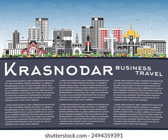 Krasnodar Russia city skyline with color buildings, blue sky and copy space. Vector illustration. Krasnodar cityscape with landmarks. Tourism concept with modern and historic architecture.