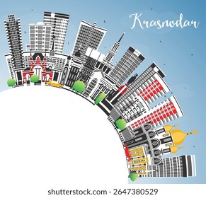 Krasnodar Russia city skyline with color buildings, blue sky and copy space. Vector illustration. Krasnodar cityscape with landmarks. Tourism concept with modern and historic architecture.