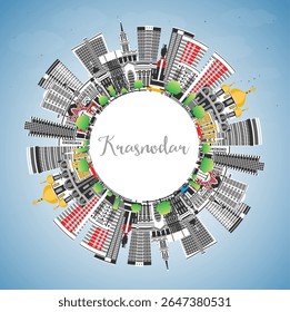 Krasnodar Russia city skyline with color buildings, blue sky and copy space. Vector illustration. Krasnodar cityscape with landmarks. Tourism concept with modern and historic architecture.