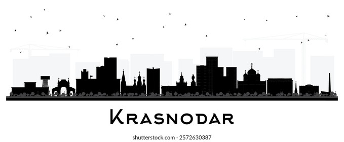 Krasnodar Russia city skyline silhouette with black buildings isolated on white. Vector illustration. Krasnodar cityscape with landmarks. Tourism concept with modern and historic architecture.