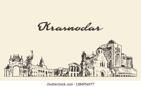 Krasnodar skyline, Krasnodar Krai, Russia, hand drawn vector illustration, sketch