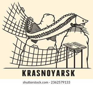 Krasnoyarsk landmark. Forged monument to Tsar-fisherman Osetr. writer Viktor Astafiev, symbols of Krasnoyarsk. 