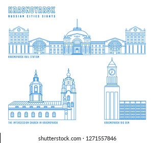 Krasnoyarsk main attractions. Russian city. Editable vector illustration in blue color isolated on a white background. Travelling, geography and architecture concept. Local Siberia towns collection.