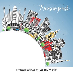 Krasnoyarsk Russia city skyline with color buildings, blue sky and copy space. Vector illustration. Krasnoyarsk cityscape with landmarks. Tourism concept with modern and historic architecture.