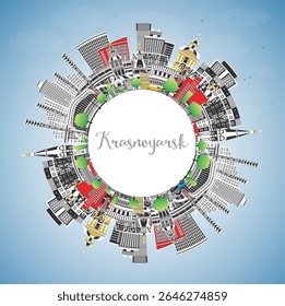 Krasnoyarsk Russia city skyline with color buildings, blue sky and copy space. Vector illustration. Krasnoyarsk cityscape with landmarks. Tourism concept with modern and historic architecture.