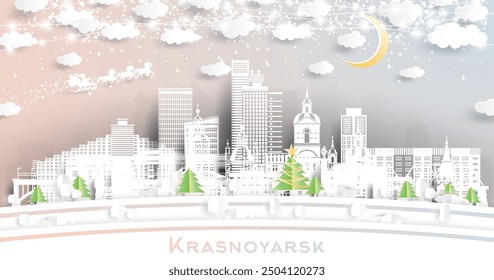 Krasnoyarsk Russia. Winter city skyline in paper cut style with snowflakes, moon and neon garland. Christmas and new year concept. Santa Claus on sleigh. Krasnoyarsk cityscape with landmarks.