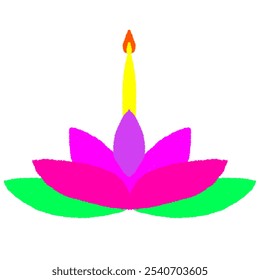 Krathong festival made of banana leaves and lotus petals, decorated with pink flowers, incense sticks and candles, isolated on transparent background. Vector illustration.