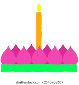 Krathong festival made of banana leaves and lotus petals, decorated with pink flowers, incense sticks and candles, isolated on transparent background. Vector illustration.