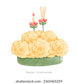 Krathong, Loy Krathing Thai festival watercolor style. Vector illustration.