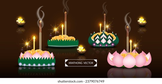 Krathong vector Banana leaf and Lotus Various design decor with flower, incense, candle, firecracker.