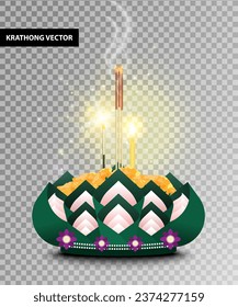 Vector de Krathong. Krathong hecho de hojas de plátano adornadas con flores, incienso, velas y petardos aislados en un fondo transparente. Festival ​ Loy Krathong. Ilustración vectorial.