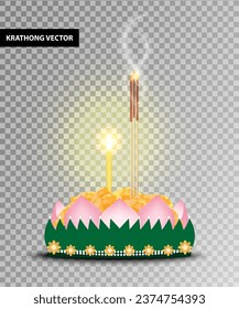 Krathong vector. Krathong-made from banana leaf and lotus petals decorated with yellow flower, incense, and candle isolated on transparent background. ​Loy Krathong Festival. Vector illustration.