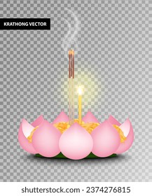 Vector de Krathong. Krathong hecho de pétalos de loto rosados decorados con flores de marigold, incienso y velas aisladas en un fondo transparente. Festival ​ Loy Krathong. Ilustración vectorial.