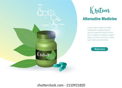 Productos de medicina alternativa de Kratom. Comprimido de Kratom cápsula en frasco de medicina con estructura de molécula biológica. Hierbas orgánicas alternativas para la salud y el bienestar del paciente.