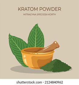 Kratom leaf (Mitragyna speciosa) with medicine herbal powder and mortar. Kratom is Thai herbal which encourage health. 