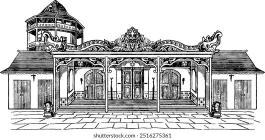 Kraton solo keraton solo building drawn in detailed black ink illustration for background wedding invitation vintage.  Ornamental Javanese traditional heritage.